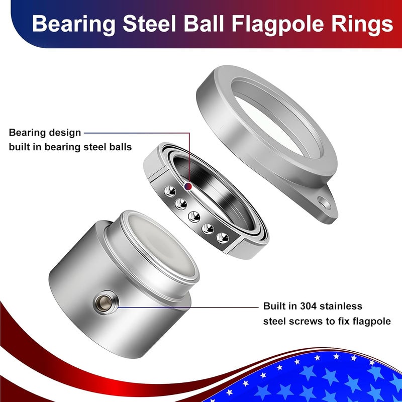 HPGOED Bearing Steel Ball Flag Pole Rings, Tangle Free Aluminum Alloy Flag Pole Spinners, 360° Rotating Flagpole Rings with Carabiners, Fit Flagpole with 0.75-1inch Diameter, Flagpole Parts, 1 inch Silver - Image 2